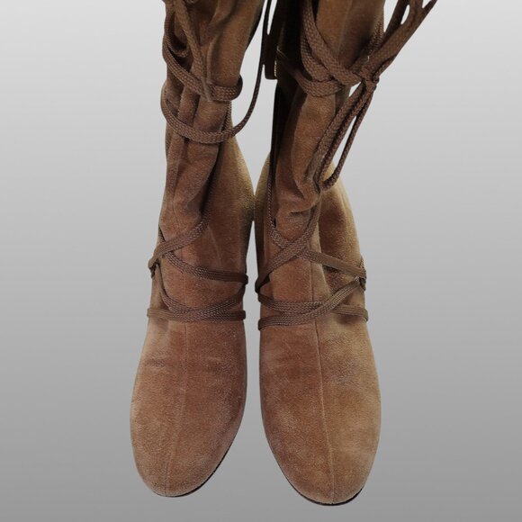 Michael Kors Suede Wrap-Tie Knee Boots Camel Made in Italy Size 6M - Picture 5 of 7